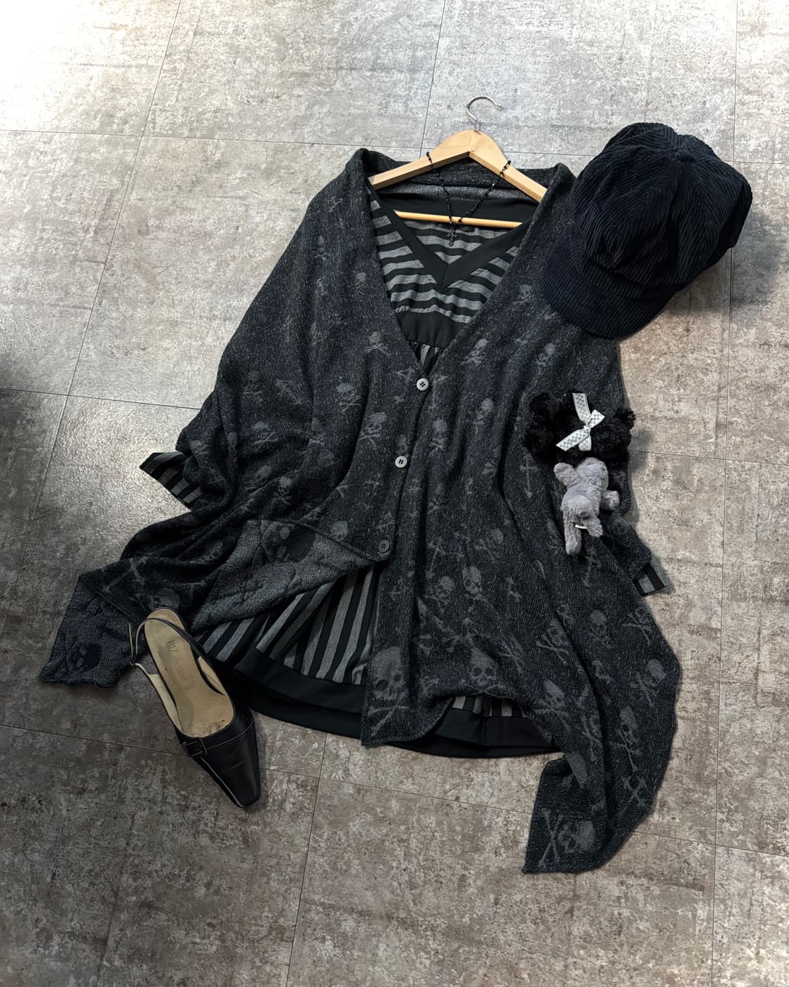 스컬 케이프 가디건 스트라이프 원피스 뉴스보이캡 3pcs SET 상품이미지1