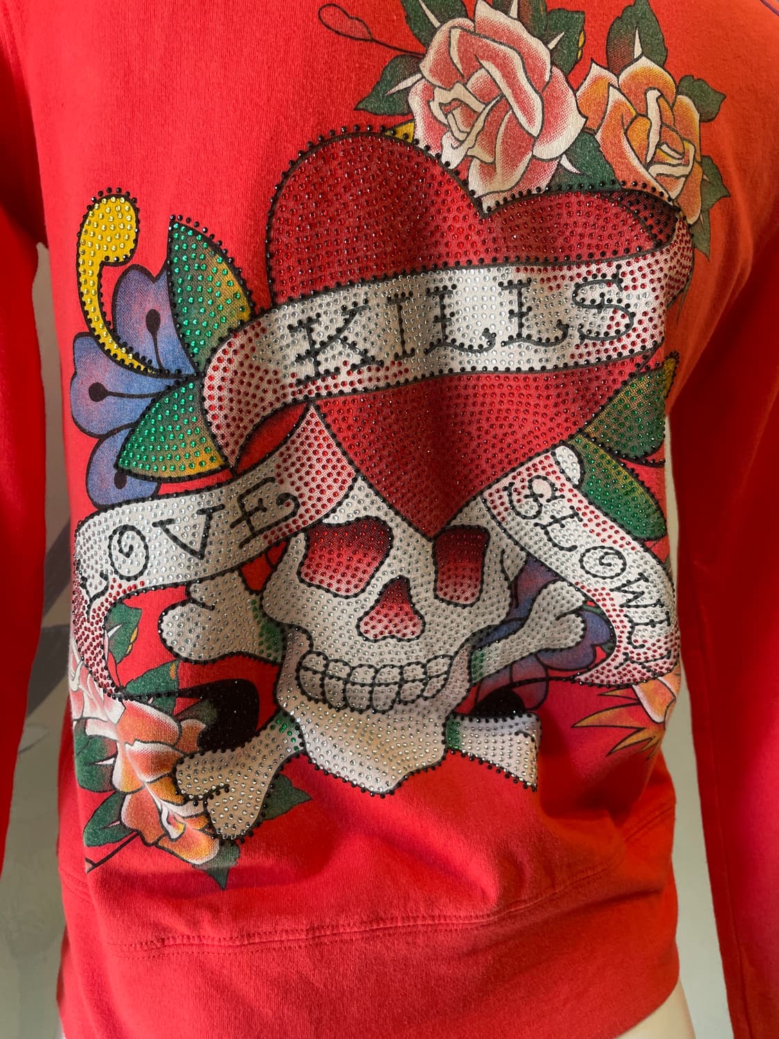 ed hardy 에드하디 스컬 레터링 큐빅 레드 후드 집업 y2k 펑크 상품이미지5