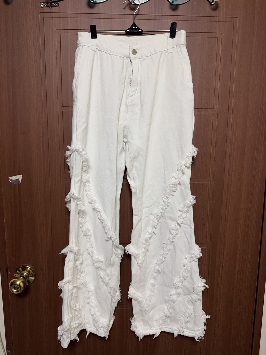 빈티지 서브컬쳐 중성계 화이트 데미지 컷팅 와이드 데님 팬츠 상품이미지3