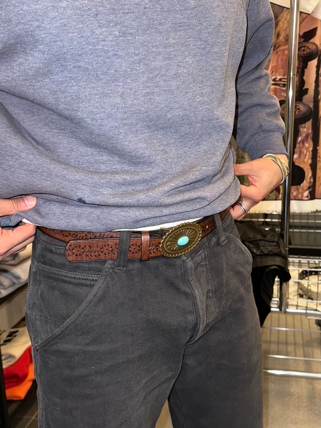 Turquoise buckle Leather western belt 상품이미지1