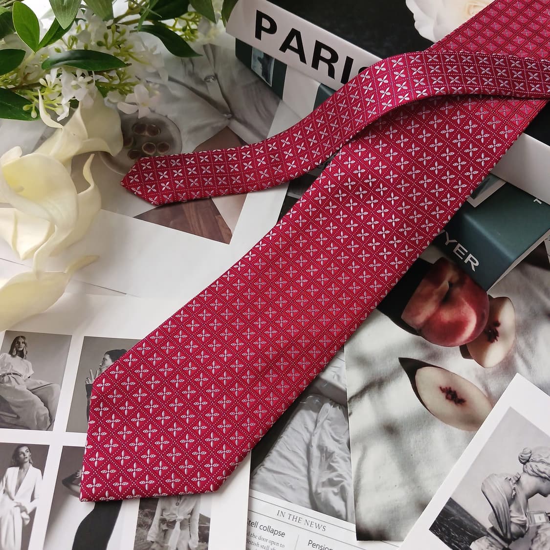 아쿠아스큐텀 실크 레드 패턴 넥타이 9.5cm S~A+등급 E901 상품이미지4
