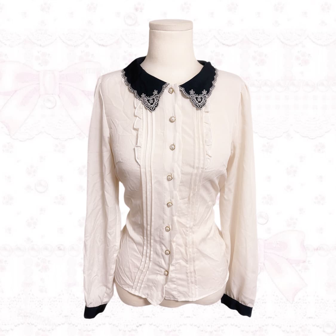 앙크루즈 지뢰계 양산형 히메갸루 화이트 앤 블랙 레이스 퍼프 블라우스 상품이미지1