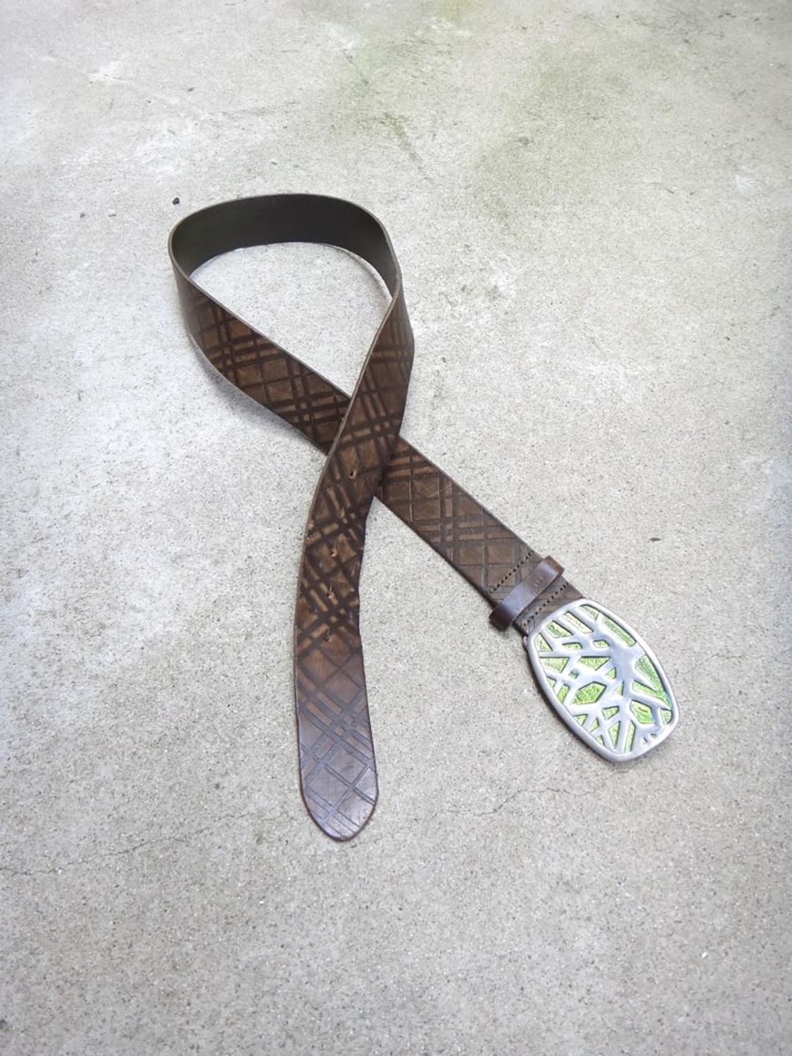 Crack detail leather belt / brown&green 상품이미지3