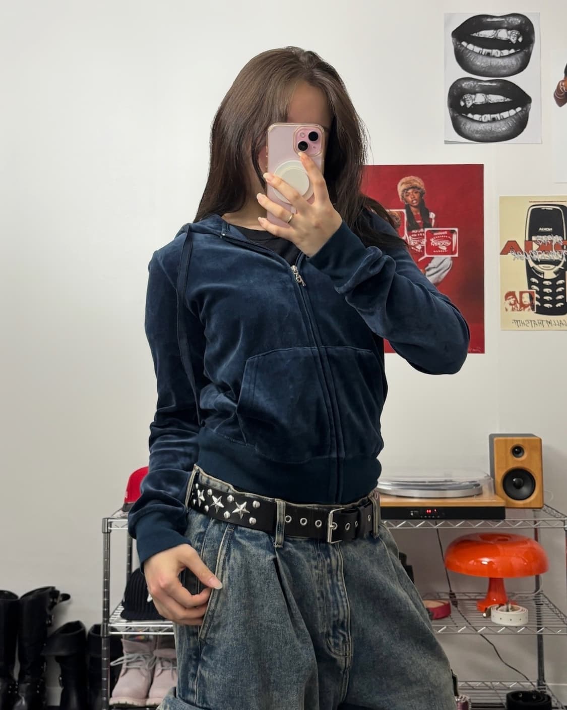 PINK 후드 스팽글 로고 벨벳 후드집업 상품이미지1