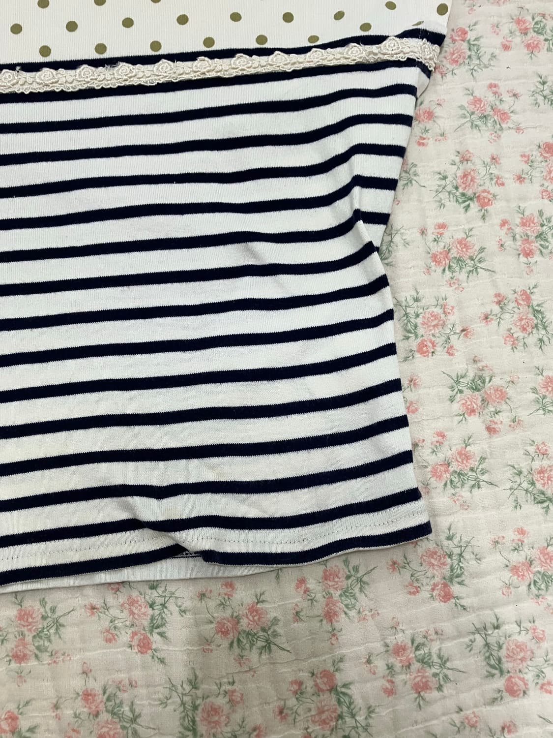 빈티지 어스 뮤직 레이스 도트 스트라이프 반팔 1110 모리걸 y2k 스 상품이미지7