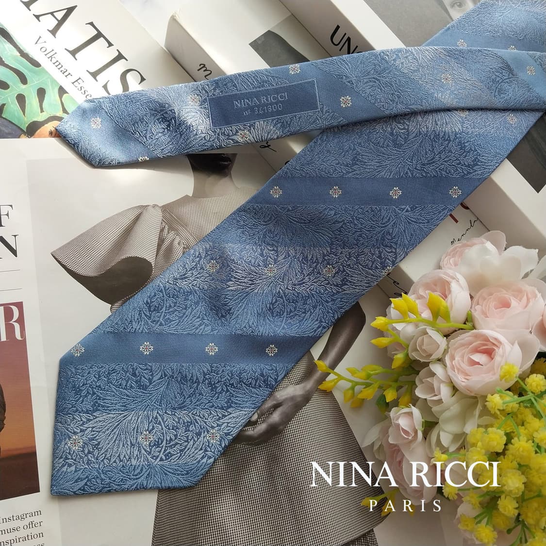 니나리치 실크 블루 플라워 자카드 넥타이 9.3cm A+등급 K2524 상품이미지2