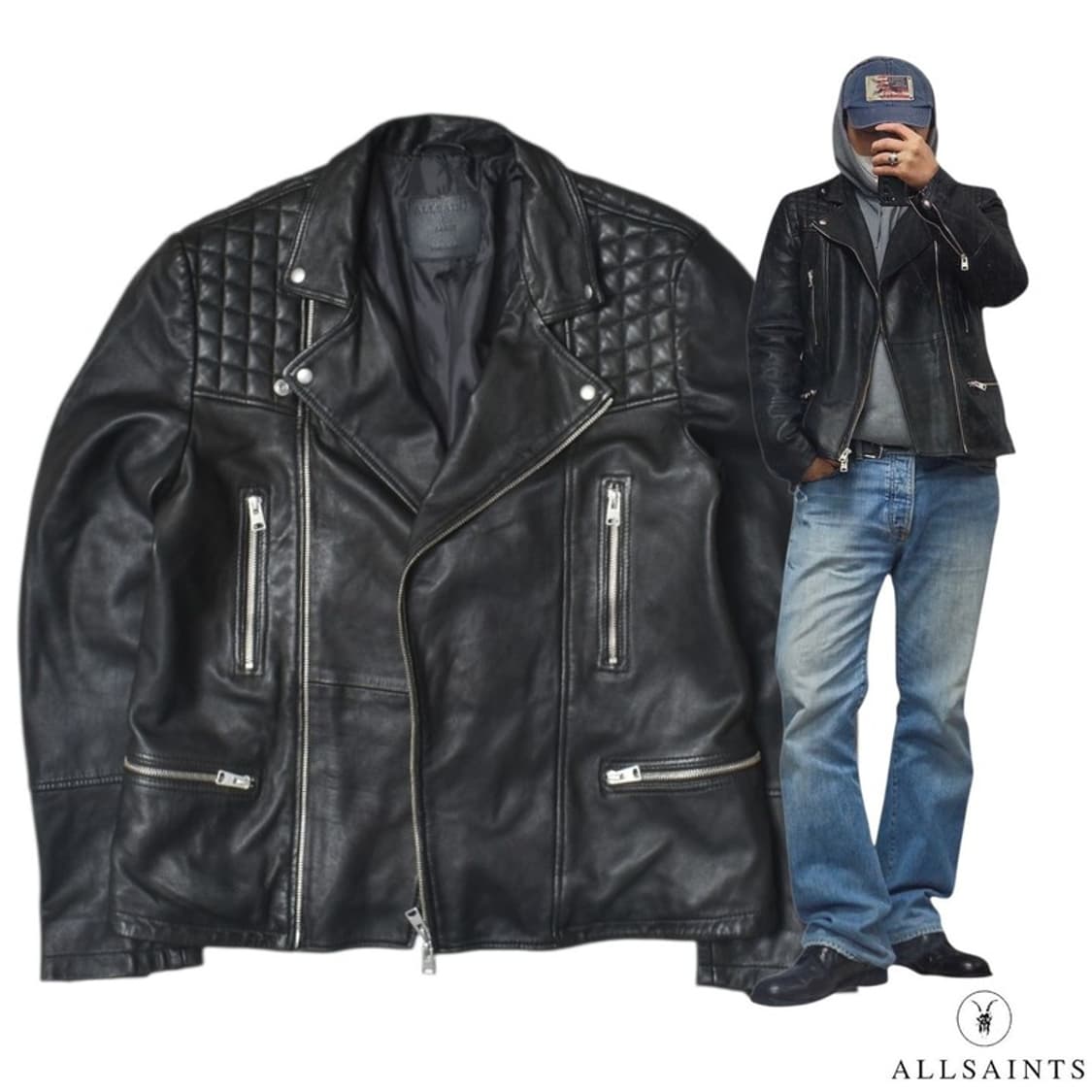 올세인츠 양가죽 체커 라이더 가죽 자켓 L N1157 상품이미지1