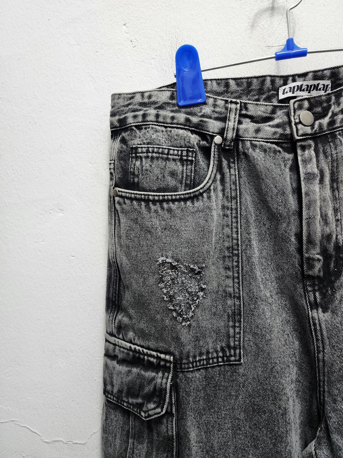 (새상품) Y2K 워시드 YKK지퍼 와이드 카고 흑청바지  상품이미지3