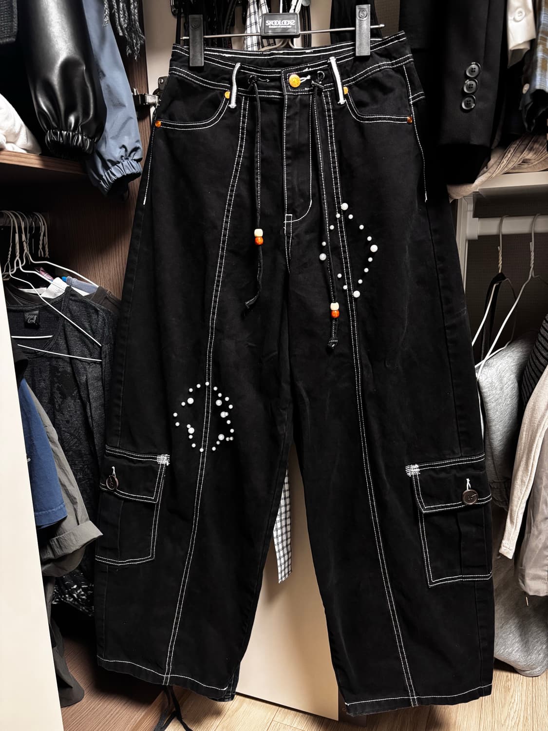 루나키후 진주 스터드 코튼 카고팬츠 (BLACK) 상품이미지2