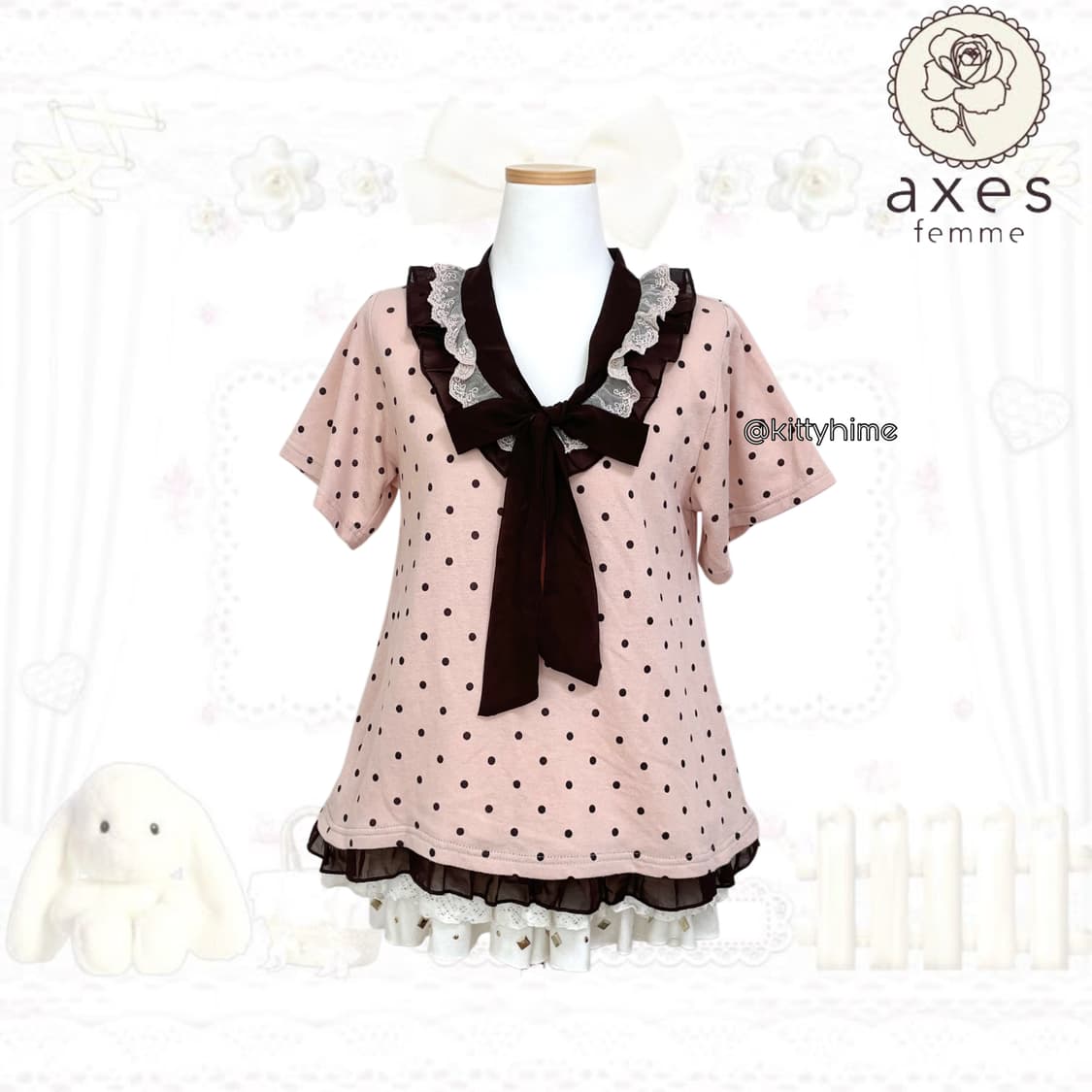 Axes femme 엑시즈팜 핑크 도트 리본 탑 라떼갸루 짜잔씨 히메갸루 상품이미지5