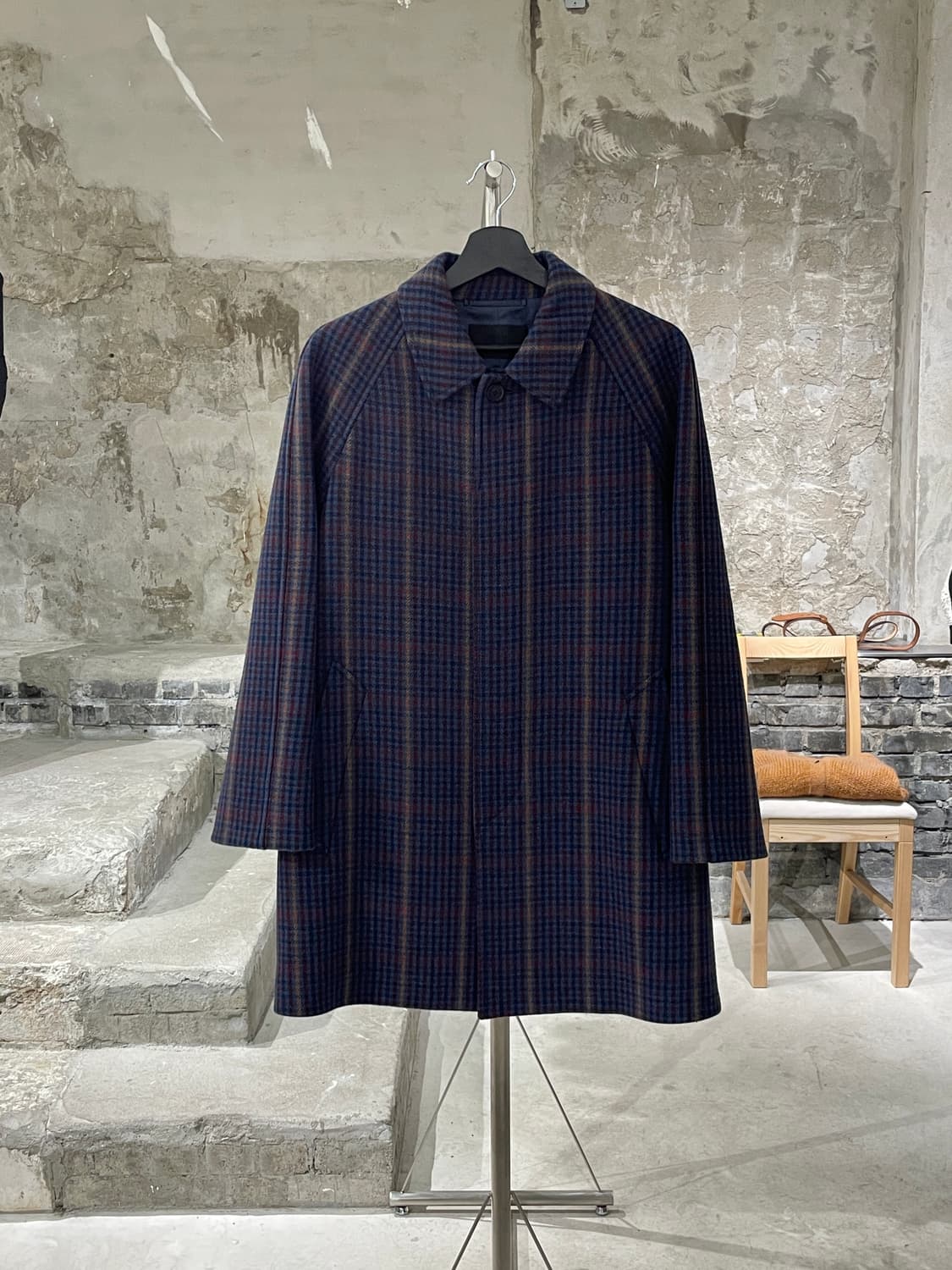 프라다 블루 하운드 투스 체크 히든 버튼 울 숏 코트 상품이미지1