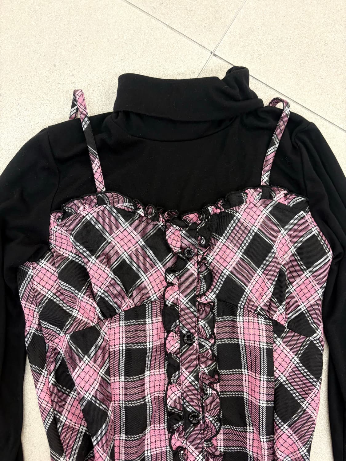 핑크체크 프릴 레이어드 원피스 상품이미지3