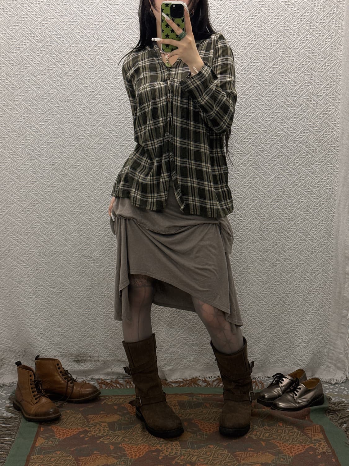 빈티지 러블리 코지 타탄체크 말차카키 셔링 후드 블라우스 K0109 상품이미지2