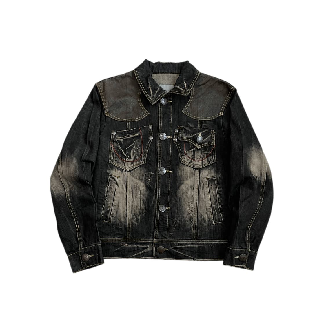 웨스턴 흑청 워싱 빈티지 가죽도킹 그런지 데님자켓 상품이미지1