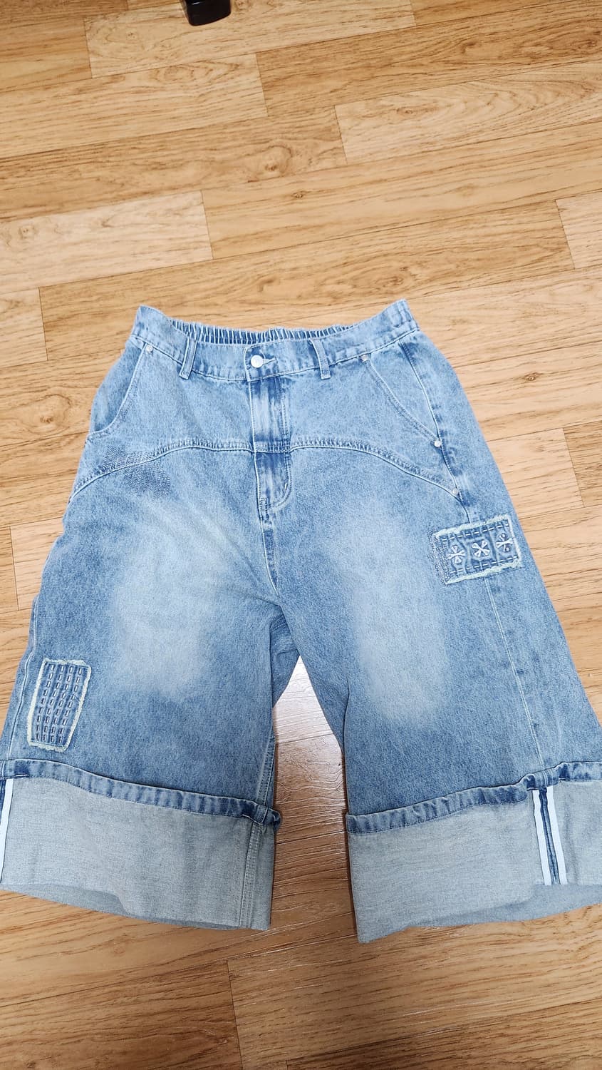 엑스톤즈 롤업 패치워크 버뮤다 데님 팬츠 상품이미지2