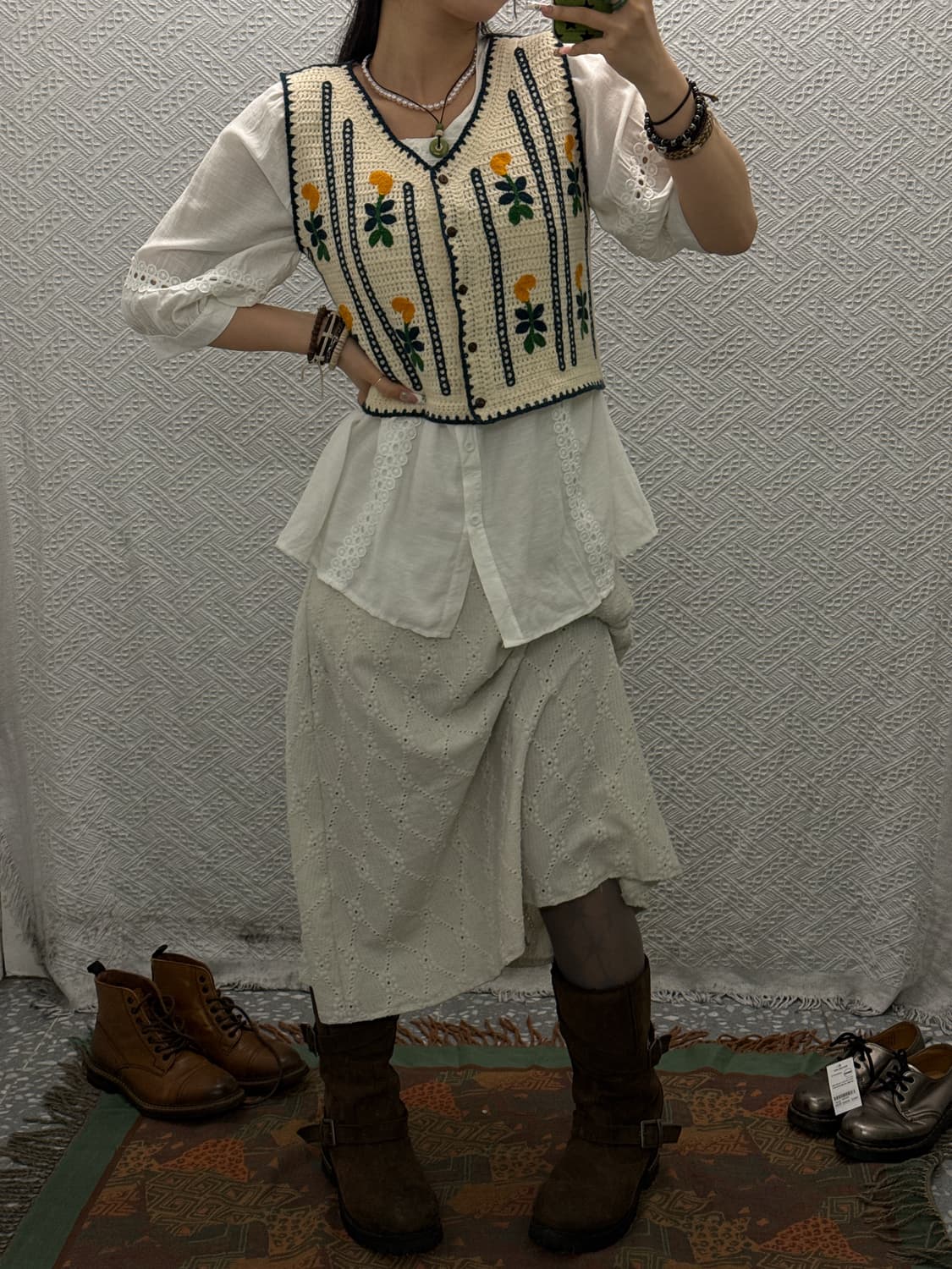 빈티지 모리걸 크로셰 플로럴 뜨개 자수 니트 베스트 K0149 상품이미지2