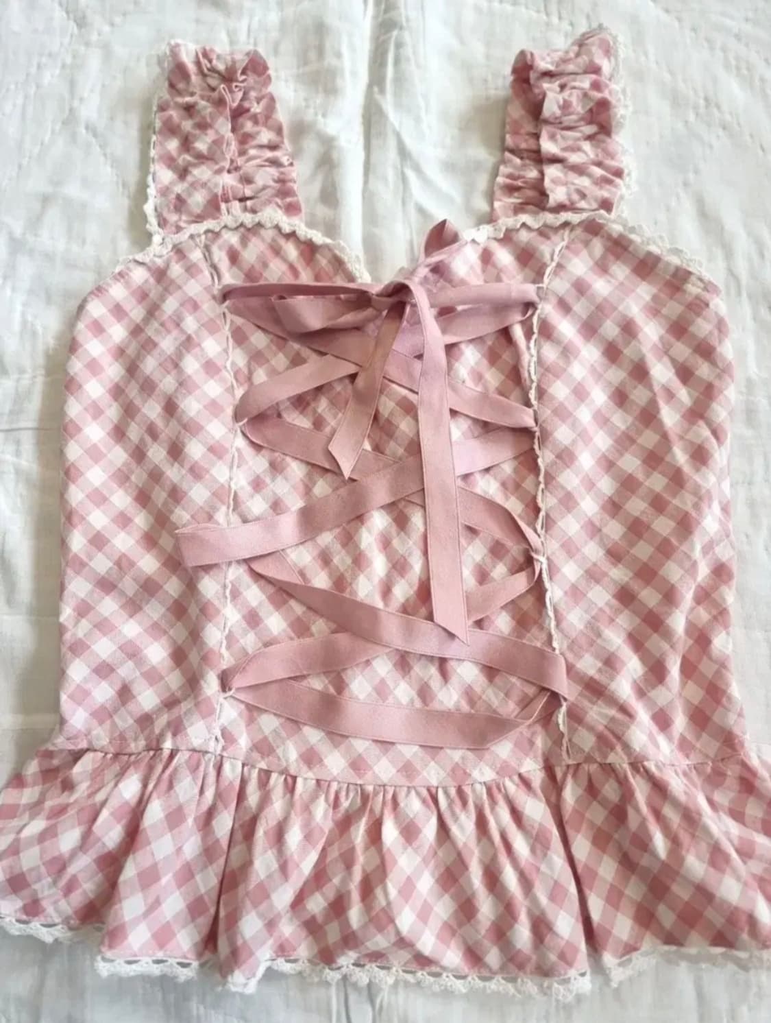 Heart E(하트이) 핑크 깅엄체크 리본 코르셋 프릴 상품이미지2