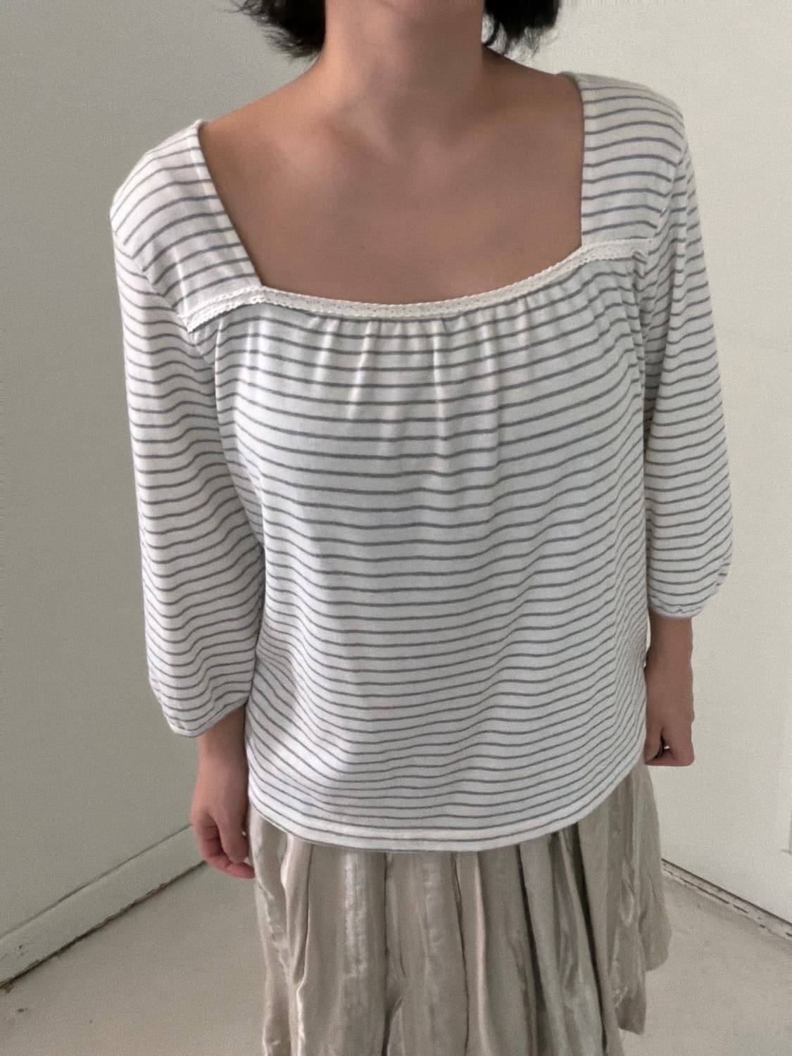 일본빈티지 레이스 스퀘어넥 7부 티셔츠 상품이미지1