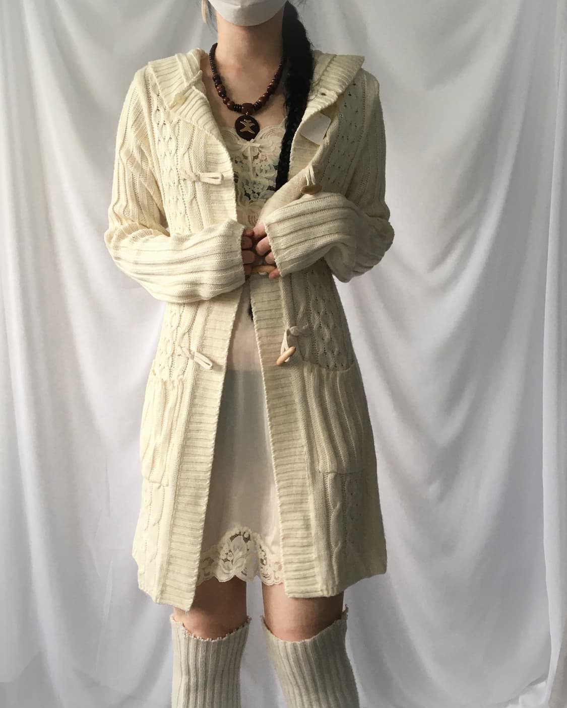 Duffle button cable pattern hood cardiga 상품이미지8