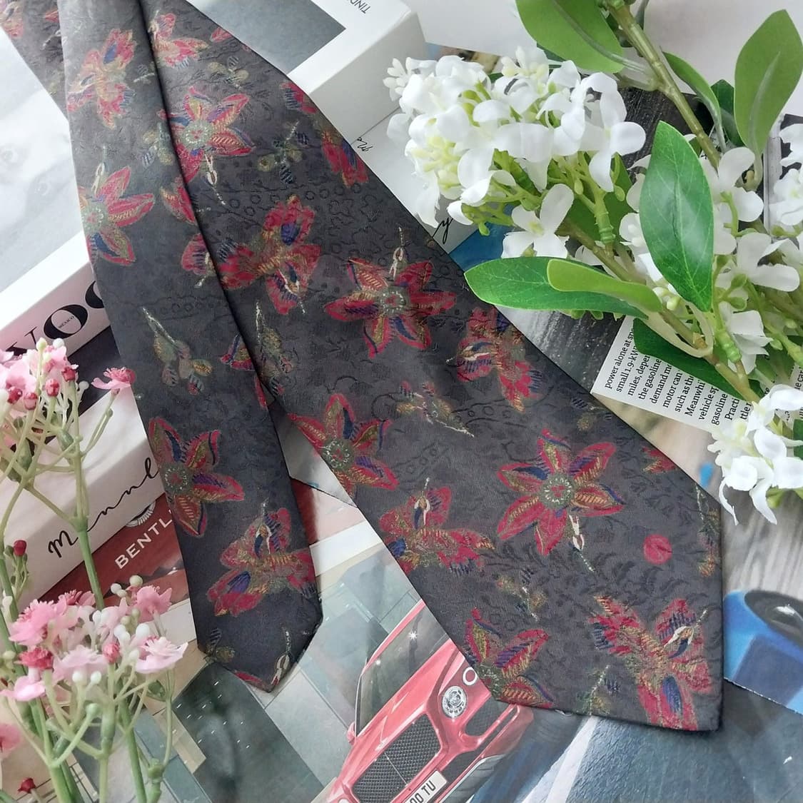 던힐 실크 다크그레이&브라운 아트 패턴 넥타이 9cm A+등급 K1456 상품이미지2