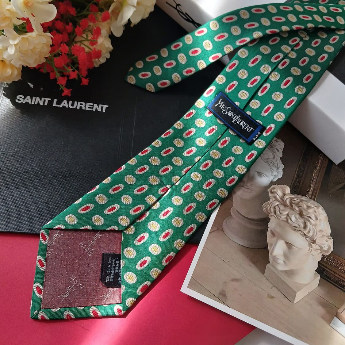 입생로랑 실크 그린 도트 패턴 넥타이 9.3cm A등급 E850
 상품이미지5