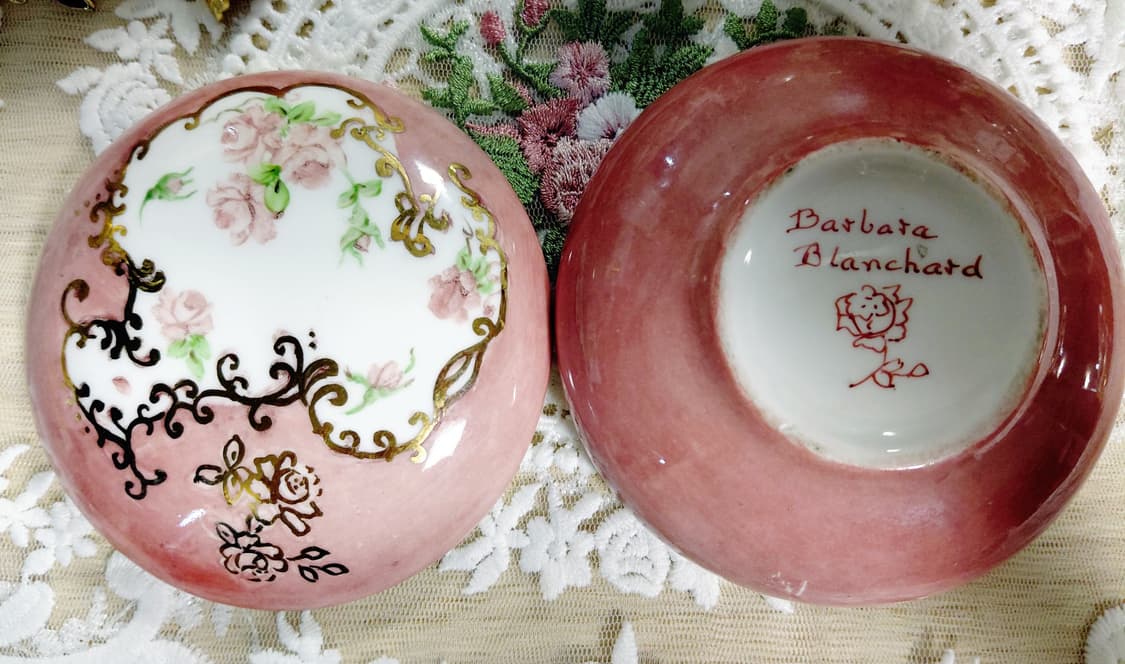 Antique)1900년대초반 앤틱 로즈 패턴 핑크색 포슬린 보석함 상품이미지4