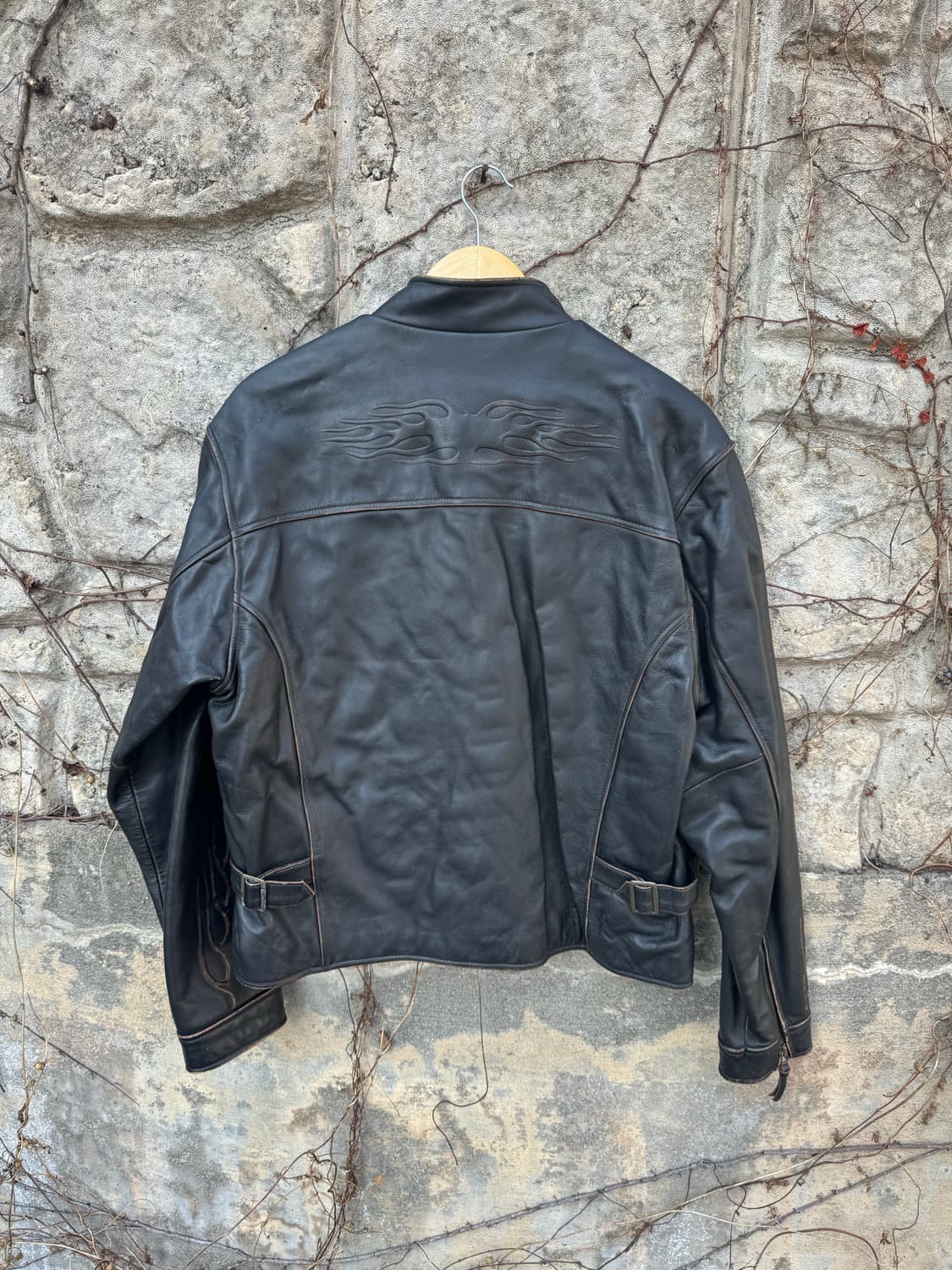 80~90s 윈드아머 입체 플레임 문양 빈티지 소가죽 싱글라이더 자켓 상품이미지2