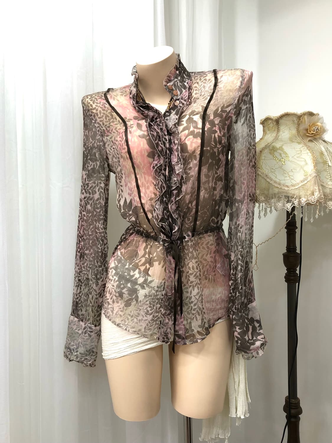pink leaf pattern frill sheer top 상품이미지2