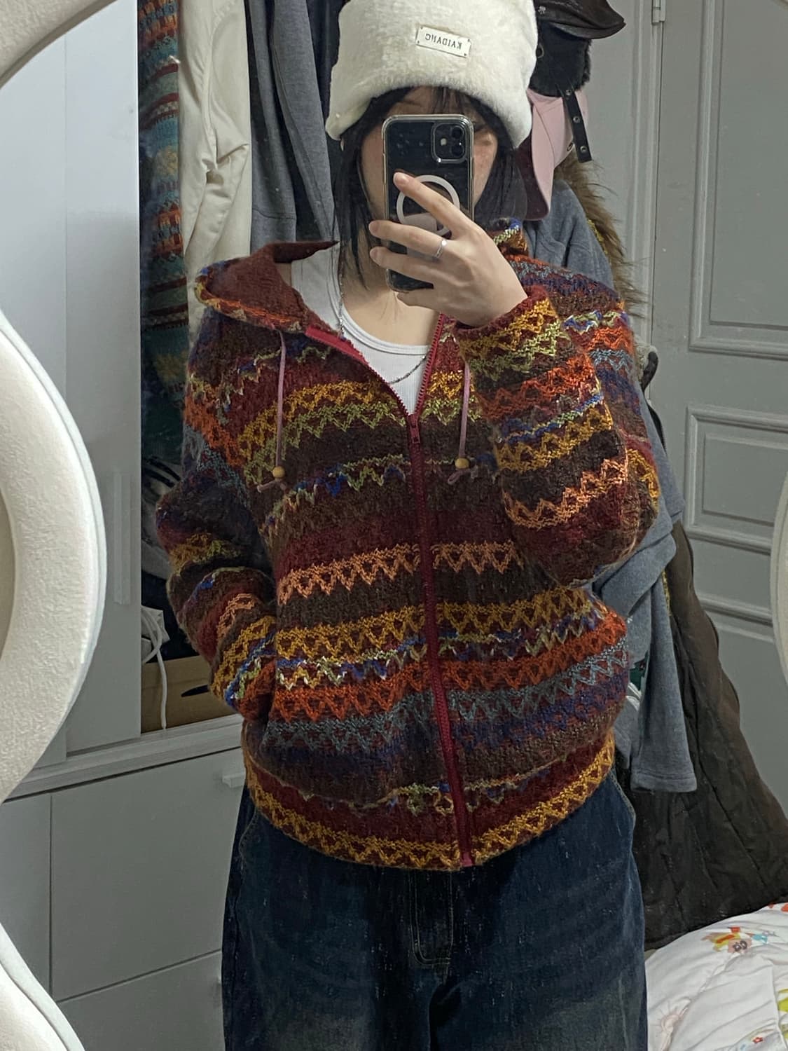 빈티지 배색 니트 후드집업 상품이미지1