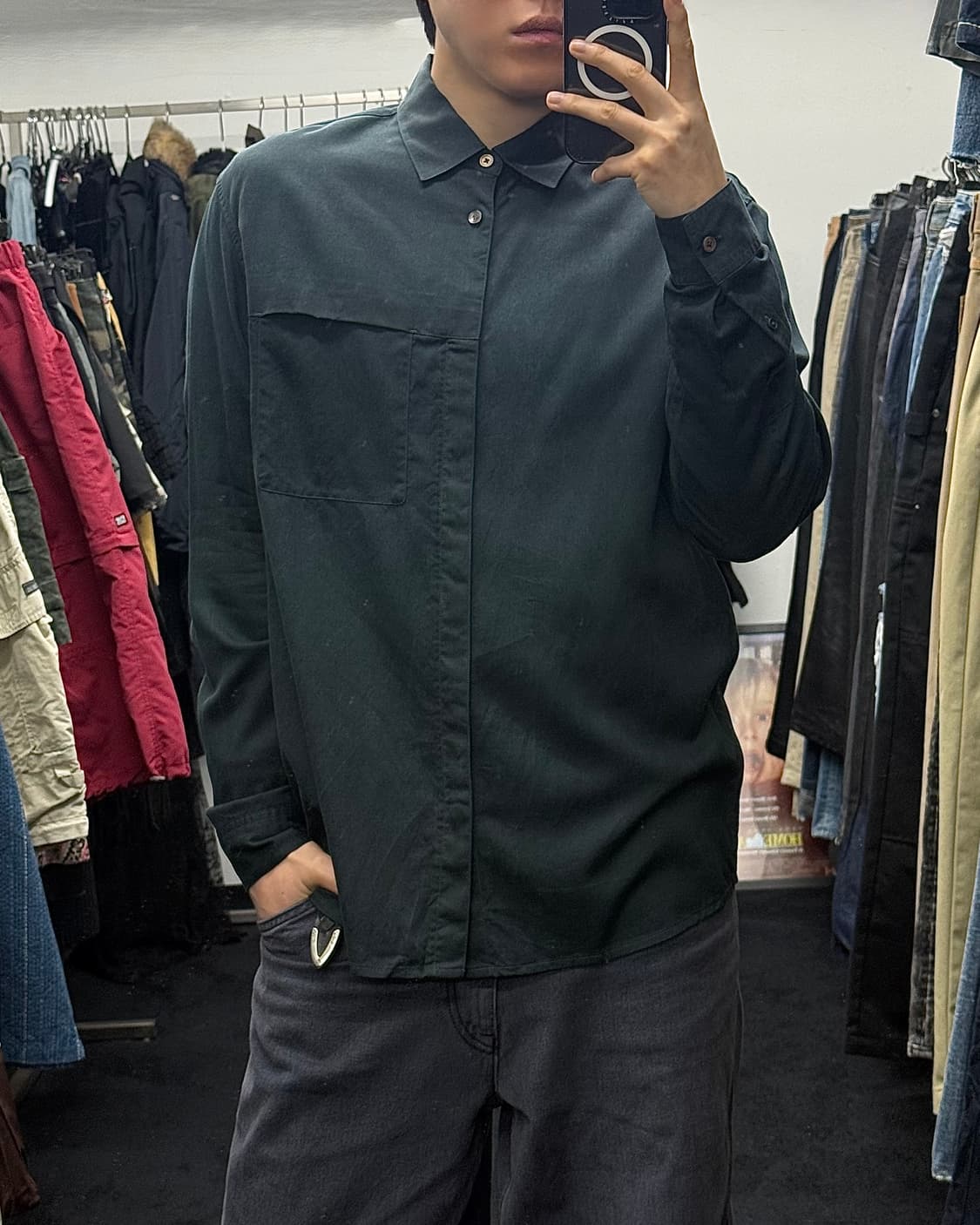 DKNY 워시드 코튼 네이비 남색 포켓 드레스 셔츠 자개 단추 100 L 상품이미지2