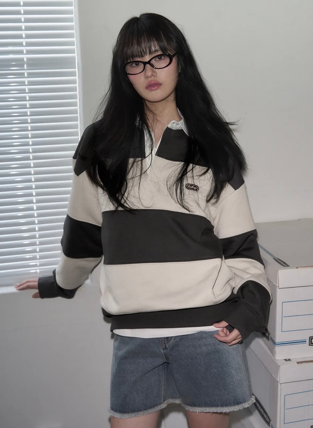 레더리 럭비 스트라이프 맨투맨 챠콜 상품이미지2