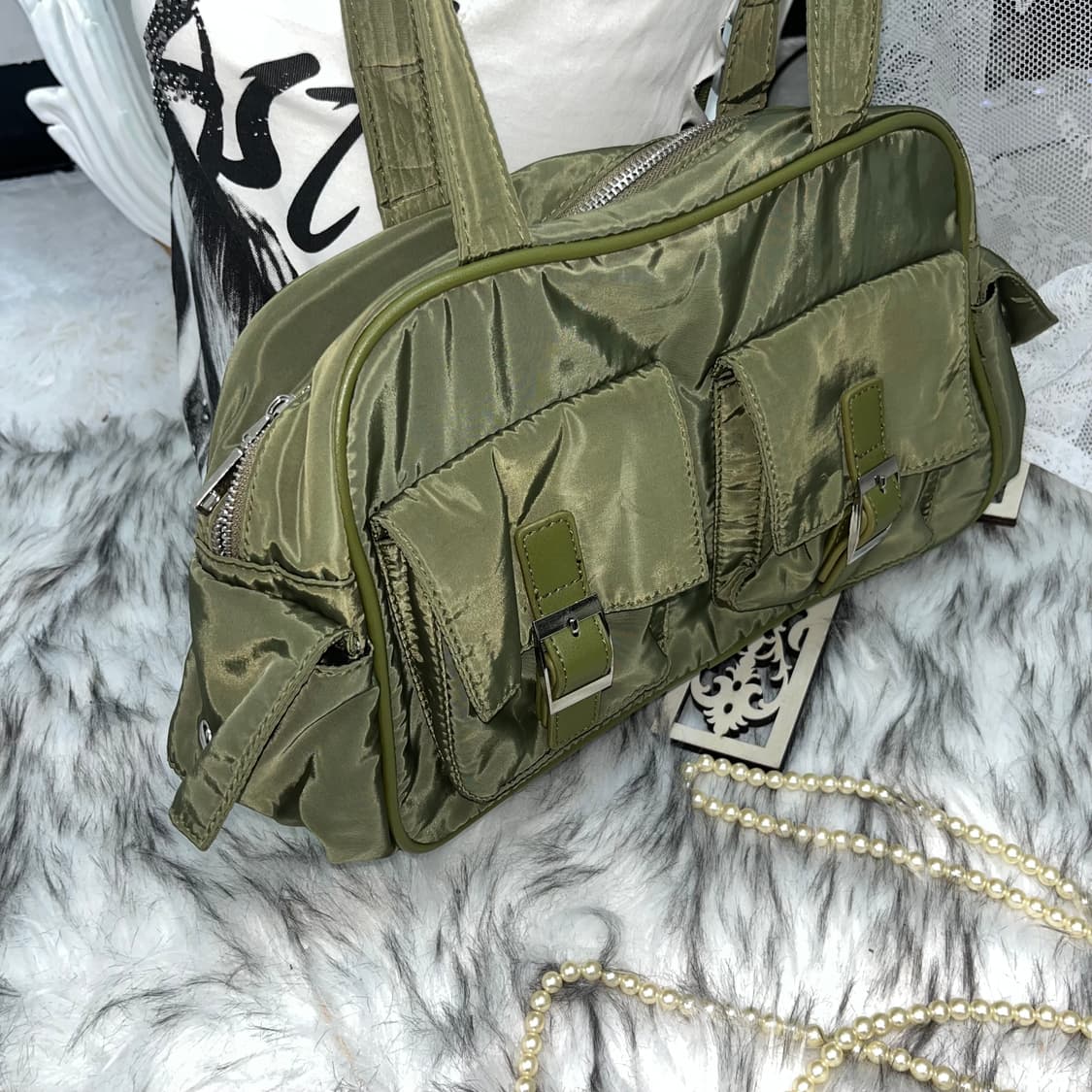 빈티지 카키 더블 포켓 바게트 백 상품이미지2