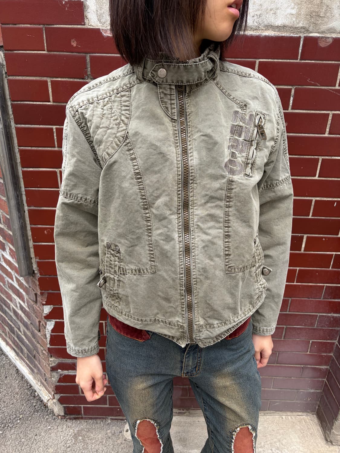 워싱 카키 크롭 집업 자켓 M 상품이미지1