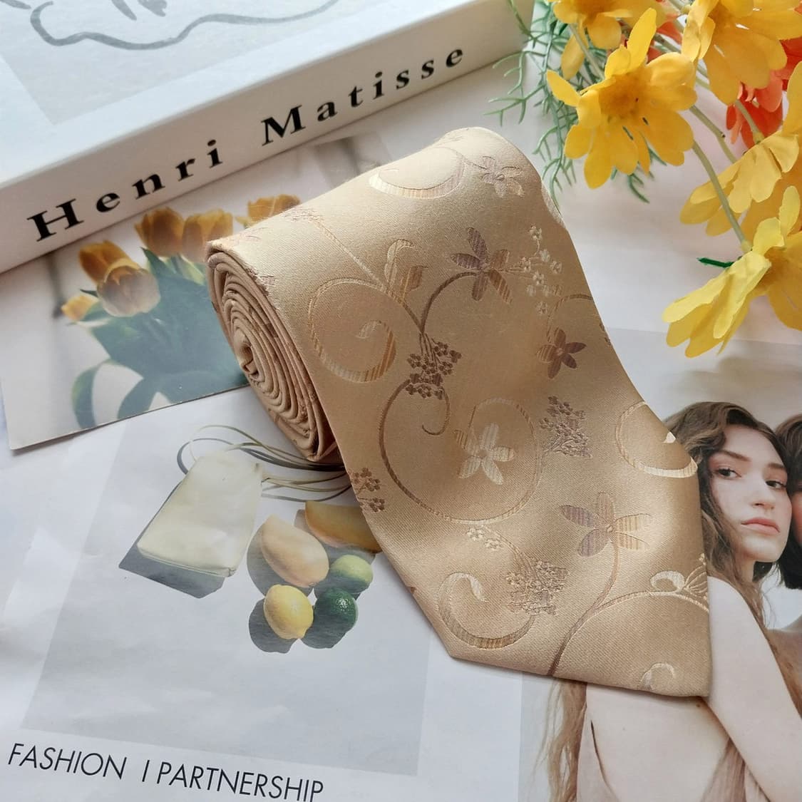 에르메네질도 제냐 골드 플라워 자수 넥타이 9.3cm A+등급 K2568 상품이미지4