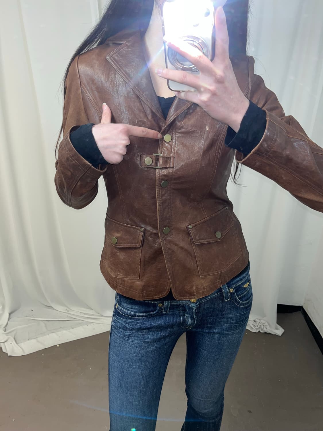 브라운 램스킨 버튼 기믹 레더 자켓 상품이미지5