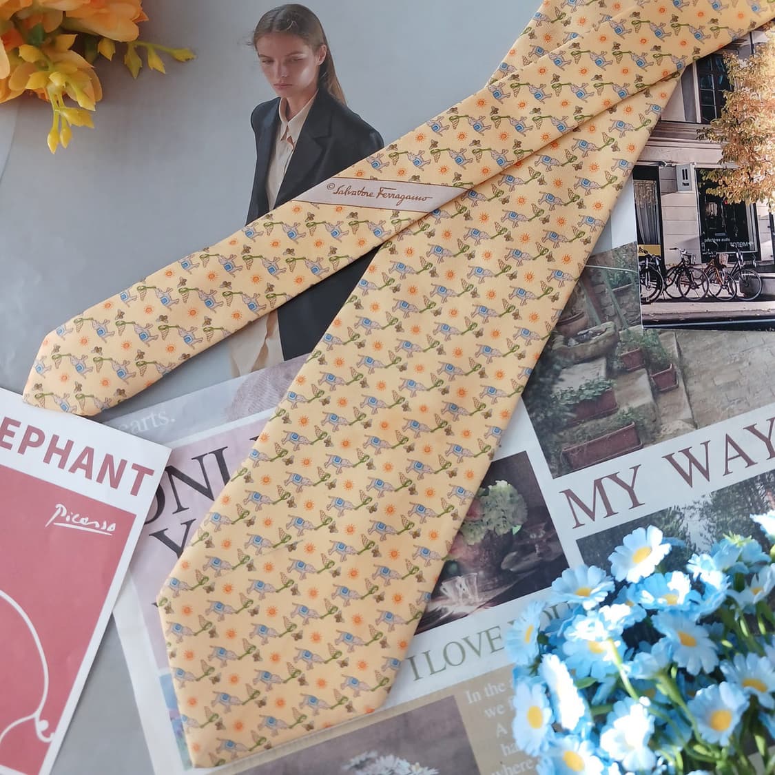 페라가모 실크 옐로우 코끼리&나비 넥타이 9.6cm A등급 A19233
 상품이미지3