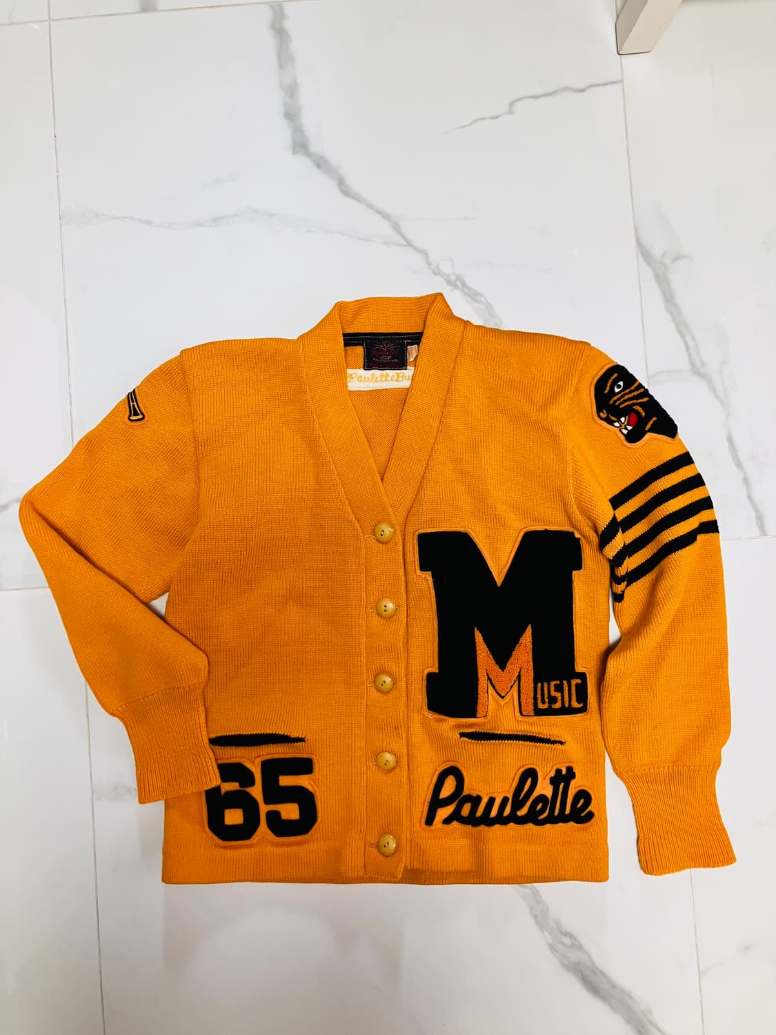 빈티지 캠퍼스 바시티 울 가디건 패치 스트라이프 상품이미지1