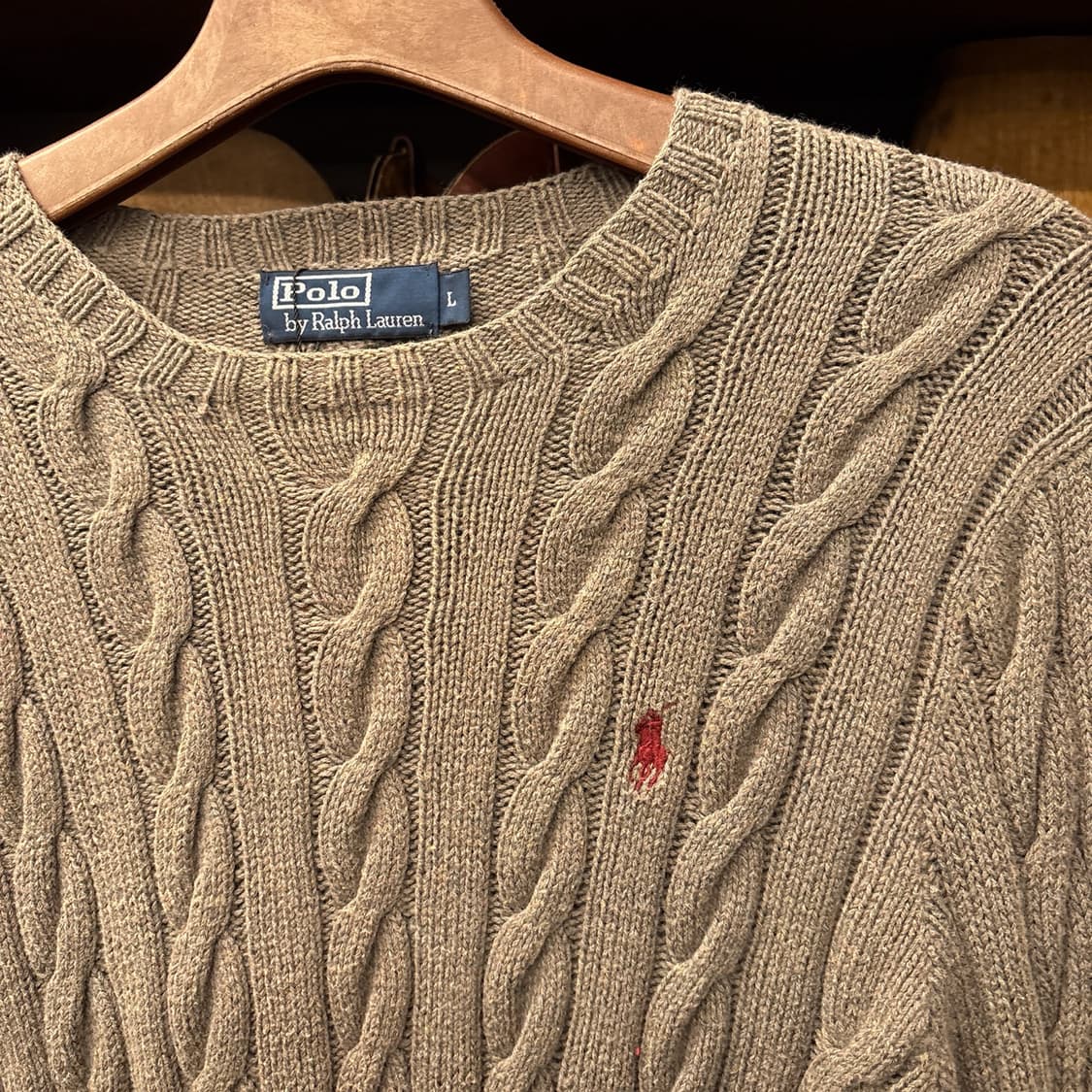 90s 폴로 랄프로렌 캐시미어 케이블 핸드니트 스웨터 카키 N992 상품이미지6
