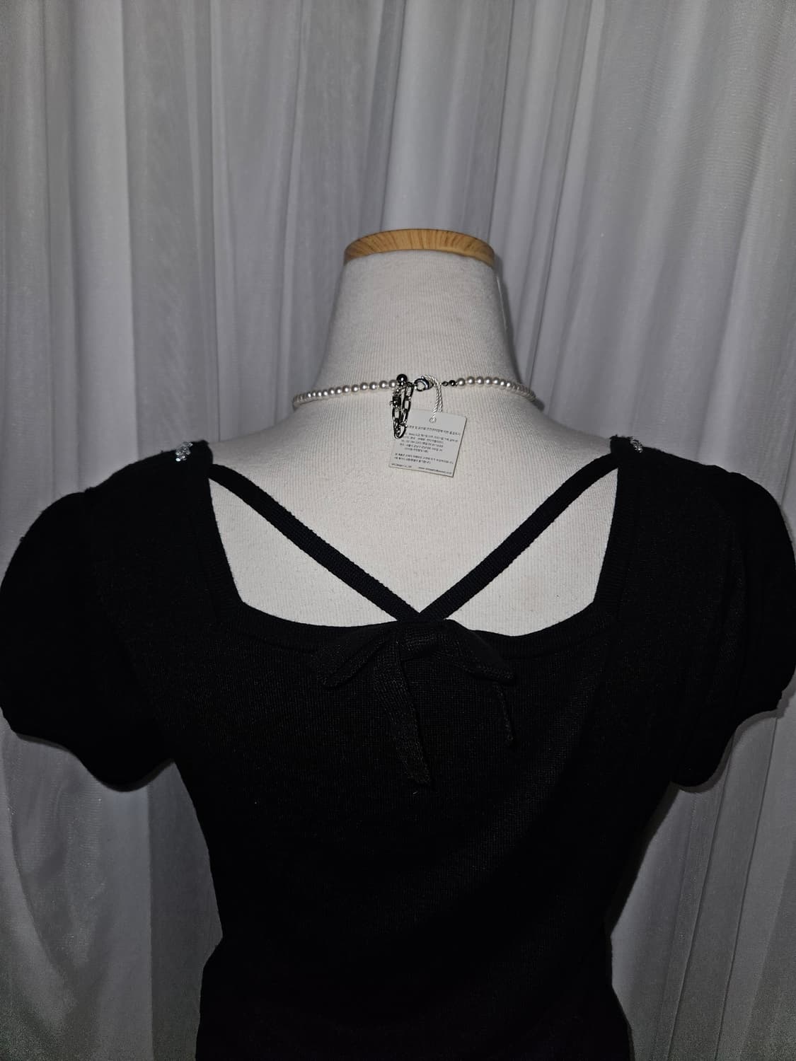 C.D.S. BASIC 블랙 히메 젬스톤 퍼프 반팔 니트 블라우스 상품이미지4