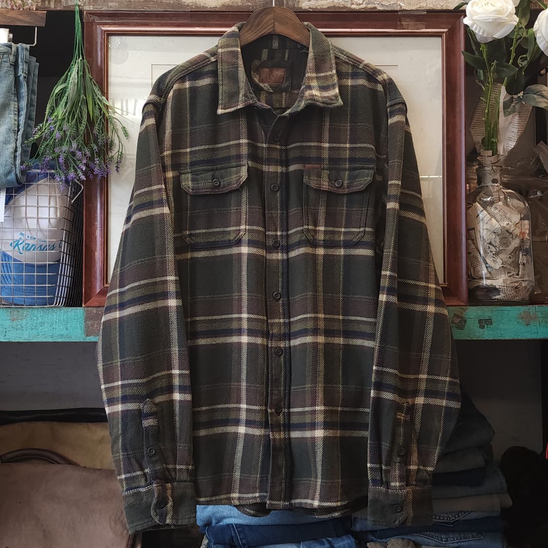 90s 아메리칸 빈티지 체크셔츠 헤비 플란넬 워크셔츠 그린 xl 상품이미지1