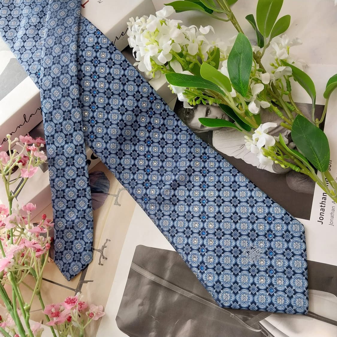 아쿠아스큐텀 실크 블루 패턴 넥타이 9.4cm A+등급 K2210 상품이미지3