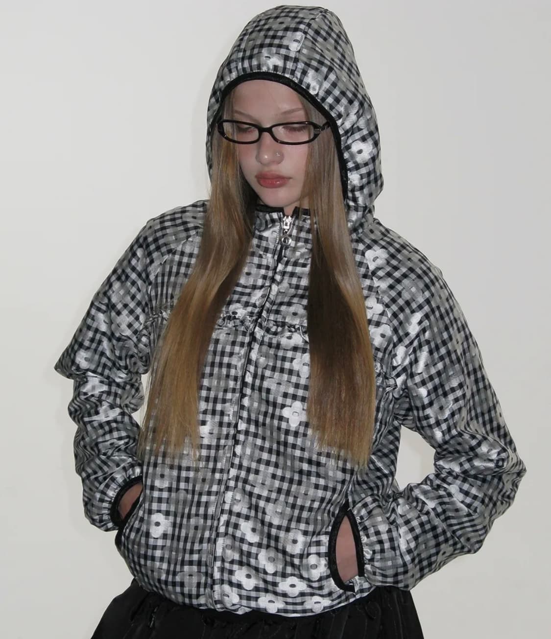 크랭크 체크 프릴 라인 플라워 바람막이 실버 블랙 윈드브레이커 자켓 상품이미지1