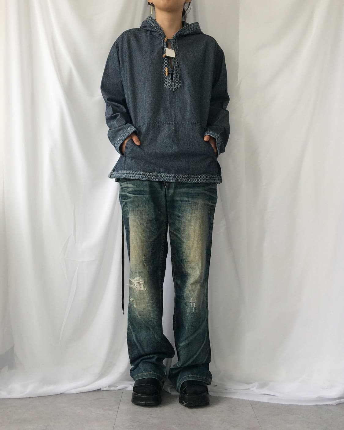 Button Henry neck denim hood 상품이미지1