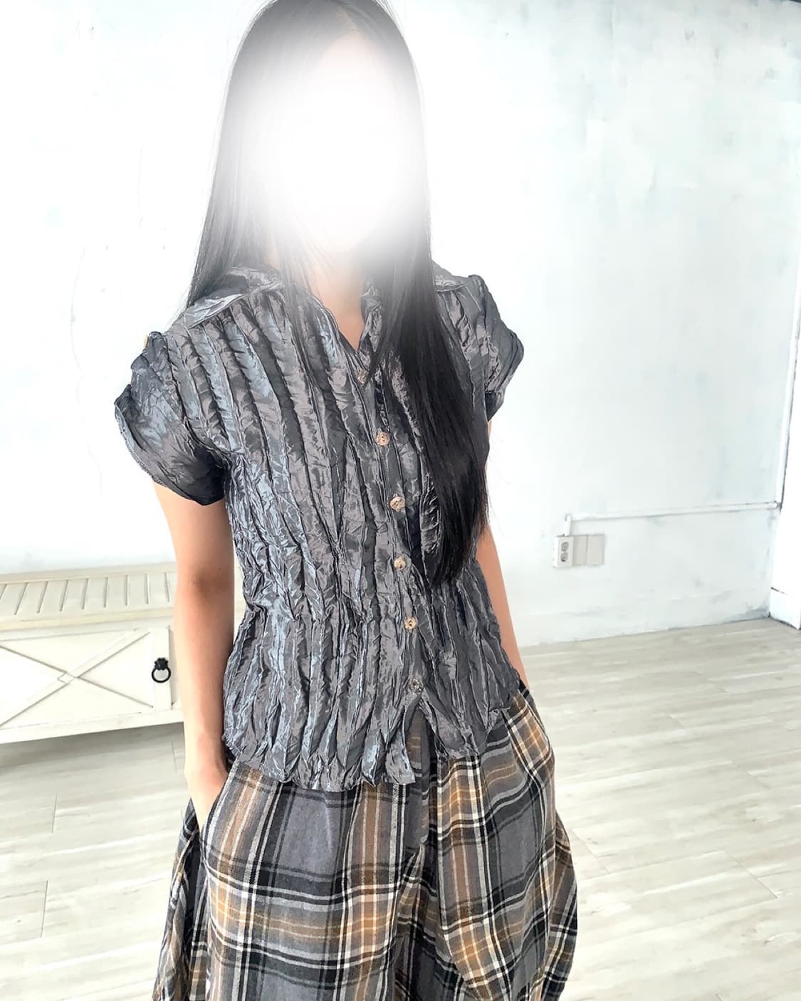 Dark Silver Button Point Pleated Shirt 상품이미지5