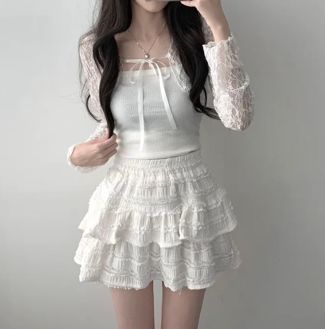 (새상품) 리본 플라워 시스루 볼레로 가디건+밴딩 캉캉 미니스커트 투피스 상품이미지1