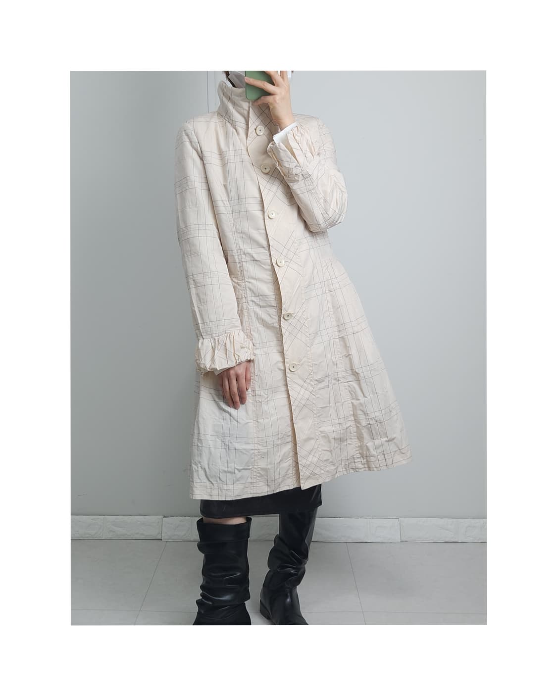 (Hiroko Bis)체크 스티치 롱 자켓 상품이미지1