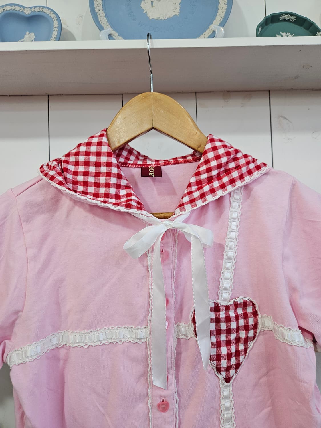 (BODY LINE) 토끼후드 하트 체크 반팔 후드탑 상품이미지2