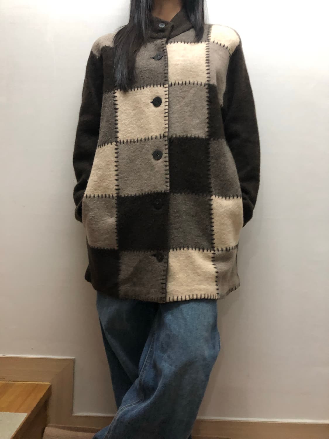 빈티지 브라운 울 패치워크 하프 코트 상품이미지7