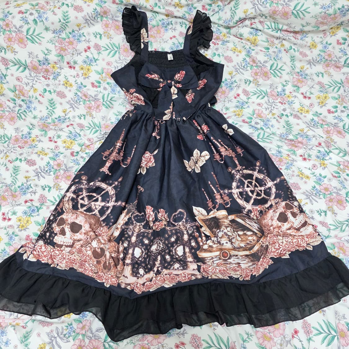 일본빈티지)고딕 로리타풍 해골지뢰계 할로윈 리본 코르셋 프린팅 원피스 상품이미지2