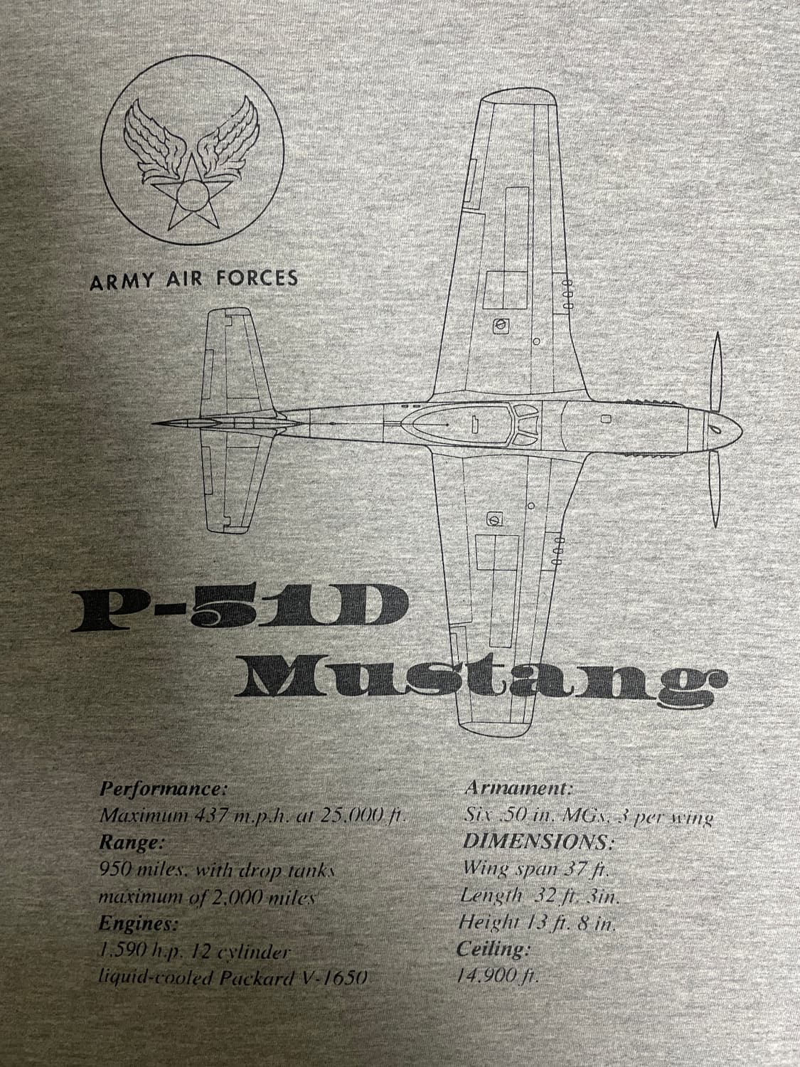 빈티지 버즈릭슨 USAAF P-51D 머스탱 전투기 티셔츠 / L 상품이미지1